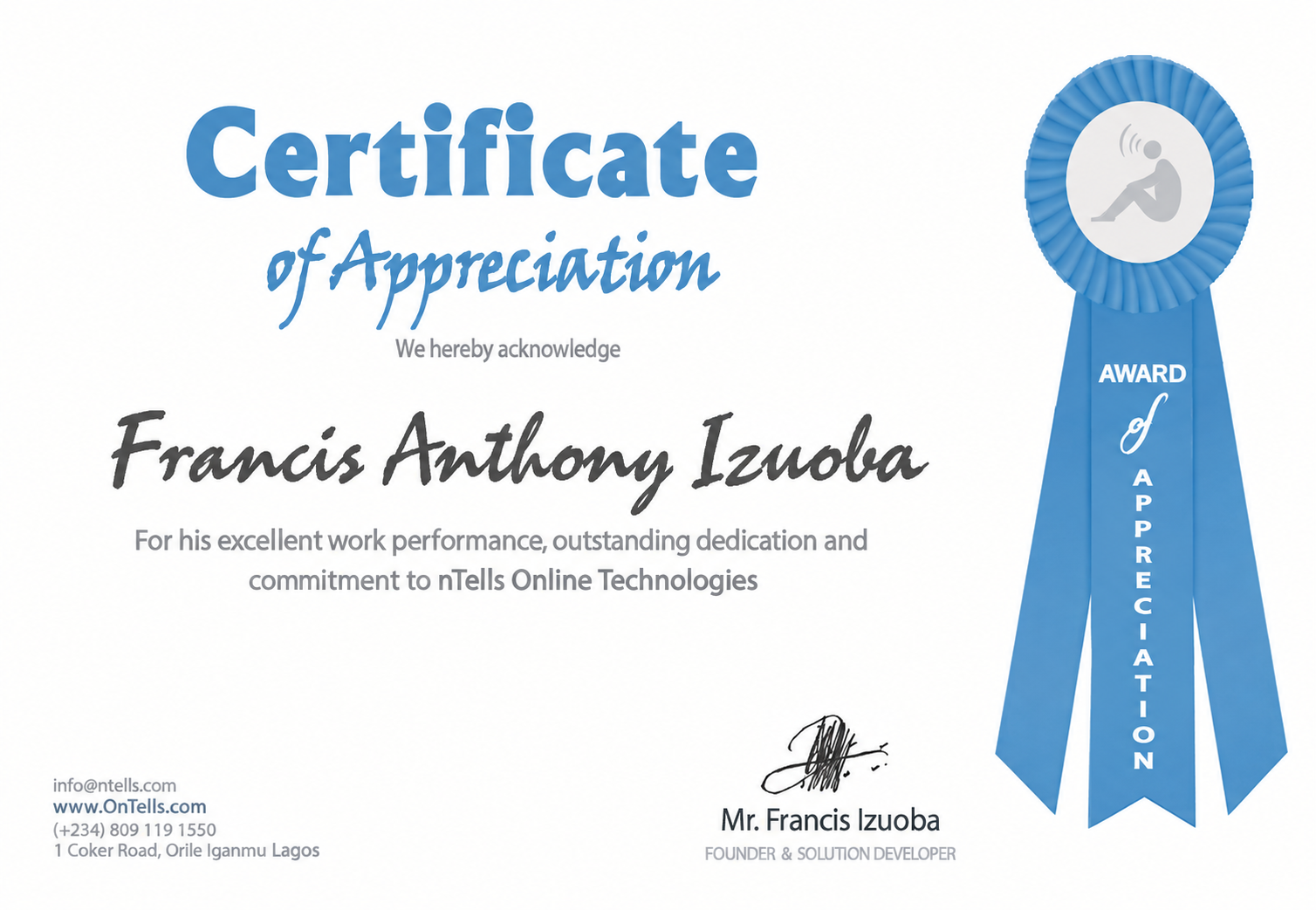 Francis Anthony certificate