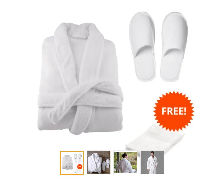 Luxury Soft-Cotton Bathrobe & Comfy Slippers Set With Free Hand Towel - White